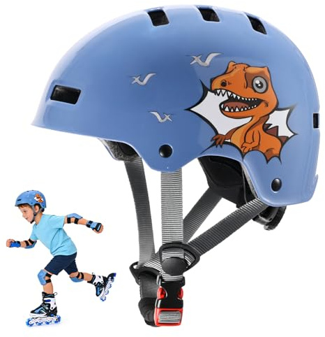 DUZSKJ Verstellbarer Kinderfahrradhelm für Jungen, Kleinkinder und Jugendliche, Schutzhelm für Skateboard Fahrrad Roller Inline-Skates und Radfahren (Blauer & Dinosaurier, S)