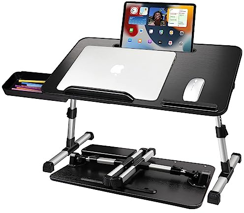 AirOpen Laptoptisch fürs Bett, Höhenverstellbar, Winkelverstellbar, Betttisch Klappbar mit Schublade, Tablet-Ständer, Laptop Tisch für Bett, Sofa, Couch, Boden (53 x 30 cm, Schwarz)