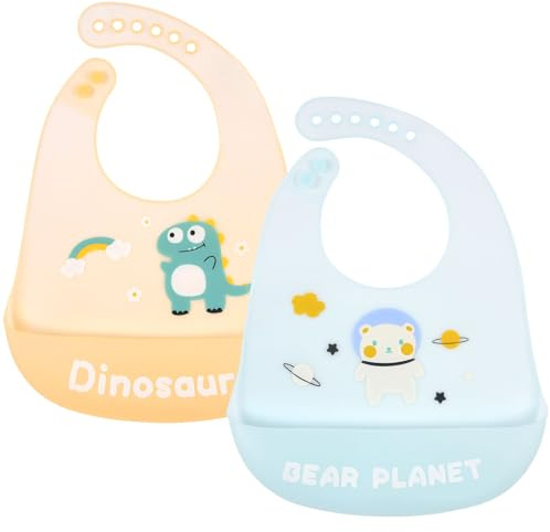 Vicloon Silikon Baby Lätzchen, 2PCS Baby Fütterlätzchen mit Auffangschale 6 Verstellbaren Tasten, BPA Frei, Babylätzchen Einfache Reinigung, Wasserdicht für Babys Jungen und Mädchen, Bär & Dinosaurier