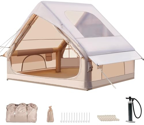 Aufblasbares Campingzelt mit Pumpe, 420D Oxford Glamping Aufblasbares Zelt für Camping mit Kaminöffnung & Großes Dachfenster, 4 Saison Anti-UV Kabinenzelt mit Mesh Fenster & Türen für 2-6 Person