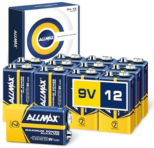 Allmax 9V Maximum Power Alkaline-Batterien (12 Stück) - Ultra-langlebig, 7 Jahre Haltbarkeit, auslaufsicheres Design - perfekt für Rauchmelder und kabellose Mikrofone (9 Volt)