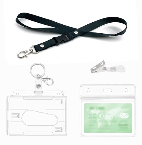 Ausweishülle mit Lanyard,Schlüsselanhänger, Clips, harter klarer Abzeichenhalter, Durchsichtige Kartenhülle,Badge Holder Karten für Ausweishalter,ausweishüllen, (1 Set Horizontal)