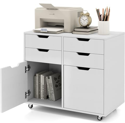 COSTWAY Rollcontainer mit 4 Schubladen & 2 Türen (Weiß) | Aktenschrank mit Rollen, Druckerständer, Büroschrank für Dokumente in DIN A4-, Letter-Format, Legal-Format