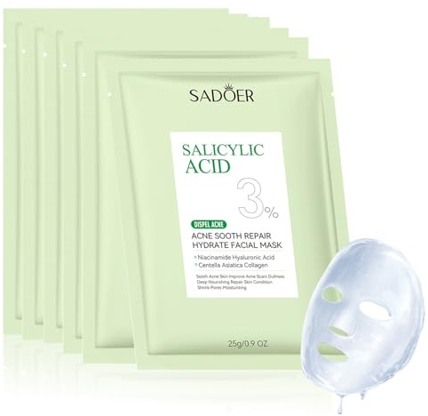 6 Stück Tuchmaske,mit Salicylsäure und Niacinamid für unreine Haut | Feuchtigkeitsspendende Gesichtsmaske,Sanfte Pflege, Spendet Feuchtigkeit und nährt die Haut,25 g