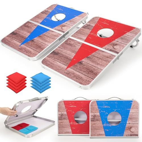 ROPODA Cornhole Set, Tragbares Wurfspiel mit 8 Sitzsäcken, Beanbagbrett mit Aluminiumkanten, Cornhole & Sackloch Spiel,Wurfspiel für Kinder,Outdoor Spiele, Geschicklichkeitsspiel für Familien,76x50cm