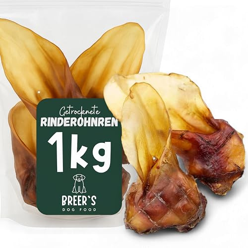 BREERs Rinderohren mit Muschel getrocknet, Kausnack Hund, 1 kg | Naturkauartikel Hund ohne Zusätze, luftgetrocknet aus deutschen Schlachtbetrieben – getreidefrei & leicht verdaulich