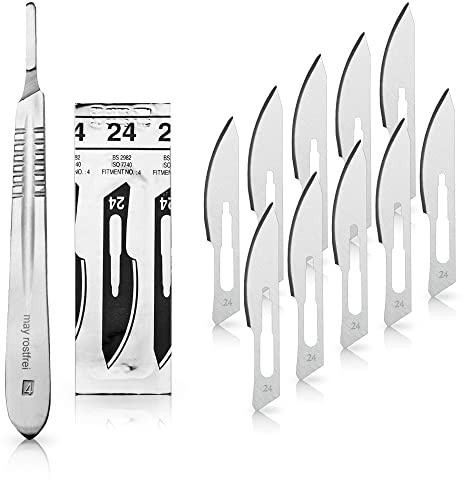 May Skalpell-Set Figur 24 mit Halter Nr. 4 Karbonstahl 10 Klingen | Komplettes Skalpell-Set: Edelstahl-Halter (Nr. 4) inklusive 10 extrem scharfen, sterilen Karbonstahlklingen der Figur 24.