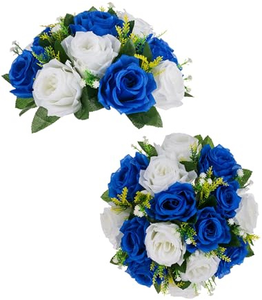 BLOSMON Blumenstrauß Blumengestecke Künstlich Deko Rose 2 Pcs Königsblau & Weiß Künstliche Blumenstrauss Blumen Tischdekoration Blumenkugel Valentinstag Rosenstrauss for Hochzeit Muttertagsgeschenk