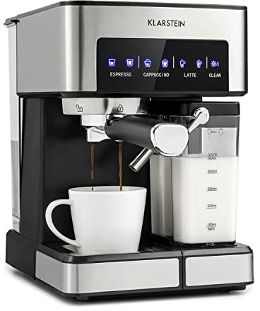 Klarstein Espresso Siebträgermaschine mit Milchaufschäumer, 1,8L Mini-Espressomaschine mit Siebträger, 20 Bar Edelstahl-Kaffeemaschine Klein, 0,5L Milchtank, 1350W für Gemahlenen Kaffee