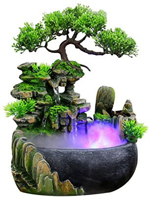 Zimmerbrunnen mit LED Beleuchtung, Grüne Pflanze Brunnen Springbrunnen Gartenbrunnen Deko Tischbrunnen Wasserfall mit Nebel, 28 x15 x 20 cm