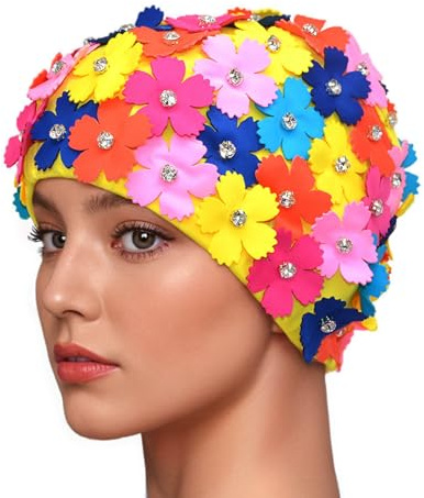 Medifier Handbuch Strass Floral Blütenblatt Retro Stil Schwimmen Gap Badekappen für Frauen Mix Farbe