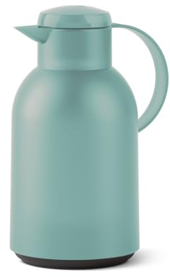 Emsa Samba Isolierkanne, 1,5 Liter Fassungsvermögen, Quick Press Verschluss, 100% dicht, 12h heiß und 24h kalt, mit Glaskolben, made in Germany, Transluzent/Puder-Grün, N4012100