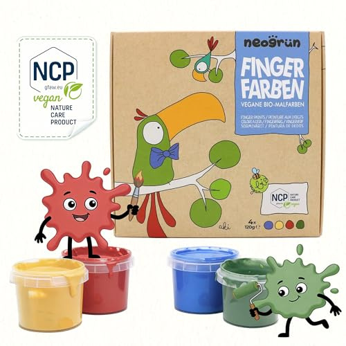 neogrün Bio-Fingerfarben Set für Kinder ab 1 Jahr, vegan, NCP-zertifiziert | Fingermalfarben, ungiftig, cremig, tropffest, leicht abwaschbar, natürliche Farben aus Pflanzen & Mineralien, 4 x 120g