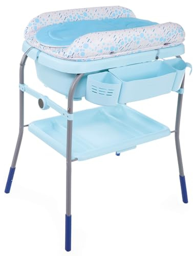 Chicco Cuddle & Bubble Badewanne Wickeltisch Neugeborenen Ergonomisch mit Matratze und Weichem Reduzierer, Höhenverstellbar, Kompakte Verschluss, Eltern Organizer 2 Räder, Max 11kg, Ocean