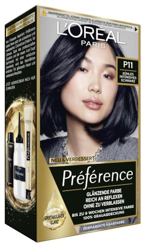 L'Oréal Paris Permanente Haarfarbe, Haarfärbeset mit Coloration und Farbglanz-Pflegebalsam, Préférence, P11 Kühles Intensives Schwarz (Manhattan), 3er Set