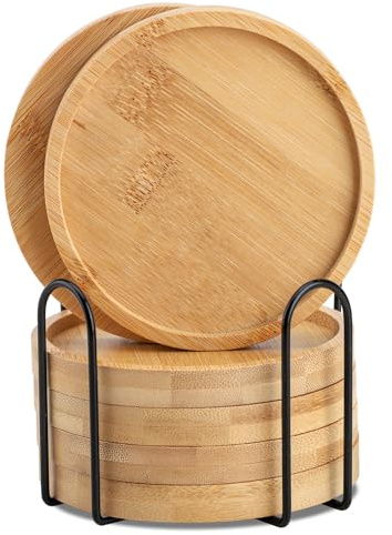 WLWNWFT Bambus Untersetzer rund für Gläser 6er Set, Glasuntersetzer Holz mit Halter für Getränke, Bar, Tassen, Glas - Tischuntersetzer Tassenuntersetzer Deko Geschenke