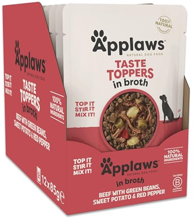 Applaws Taste Toppers 100% natürliche Wet Hundefutter Topper, getreidefreies Rindfleisch mit Gemüse in Brühe 85g Beutel (12 x 85g Beutel)