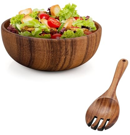 AZKEEGREY Salatschüssel Holz 24 cm Akazienholz, Holzschüssel Große | Salat-Rührschüssel mit Rührgabel Holzschale Küchenutensilien