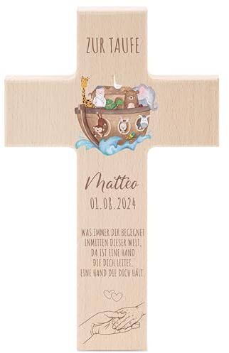 wunderwunsch - Personalisiertes Taufkreuz mit hochwertigem Spezial-Druck aus massivem Buchenholz - Taufe Geschenk - Holzkreuz Taufe (Arche Tiere)