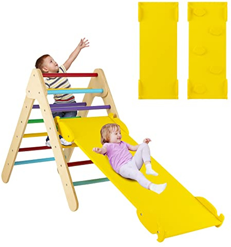 COSTWAY Kletterdreieck mit Rutsche, Klettergerüst Indoor ab 1 Jahr, Sprossendreieck Kletterrampe aus Holz, zum Klettern & Rutschen (Gelb)