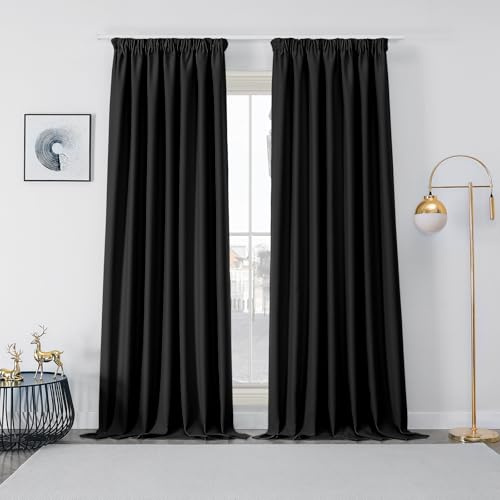 Joydeco Verdunkelungsvorhänge mit Kräuselband 2 Stück H245 x B132cm Schwarz | Blickdicht Vorhänge Schienensystem,Thermovorhang Kälteschutz Gardinen Schlafzimmer Blackout Curtains