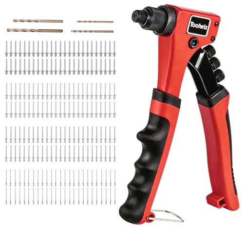 Toolwiz Nietzange Nietenzange Set mit 200 Nieten 4 Wechselköpfen, 4 Bohrern | Profi Werkzeug Blindnietzange Handnietzange für Metall Blech Kunststoff Auto Heimwerker