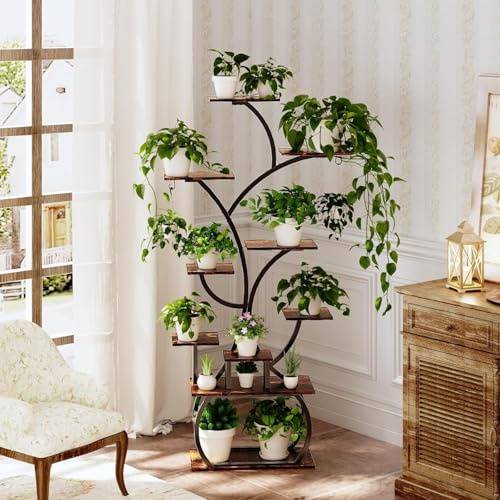 LEADZM 10 Etagen Blumenständer Pflanzenständer mit Wachstumslichtern, Pflanzenregal Indoor, Blumenregal Groß Pflanzregal Innen für Wohnzimmer, Balkon, Schlafzimmer aus Holz und Metall
