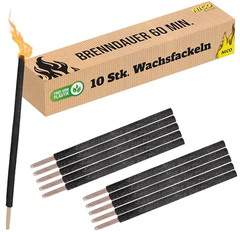 Nico Feuerwerk® 10 Stück Wachsfackeln, Brenndauer 60 Min. I hochwertige Fackeln aus Wachs mit Handschutz I Garten-Fackel für Outdoor Party, Event, Nacht-Wanderung