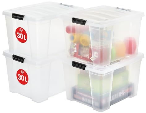 Iris Ohyama, Aufbewahrungsbox aus Kunststoff, 4er-Set, 30L - HB-30 - Transparent, L43 x T35 x H25.5 cm