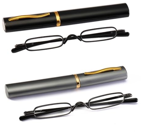 KoKoBin 2er pack Mini Schmal Lesebrille Federscharnier Metall Lesehilfe Unisex-Sehhilfe mit Etui +1.5