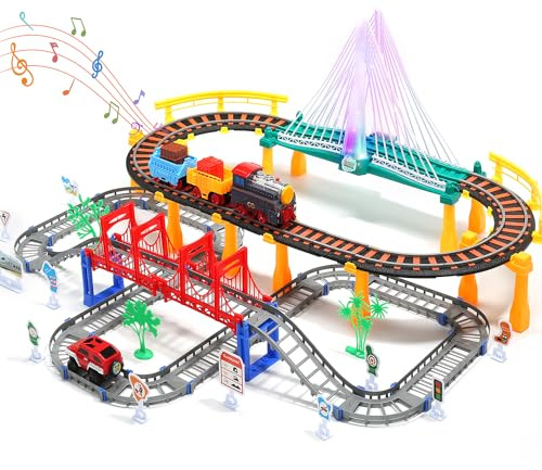 Zug Set Spielzeug mit Schienen – Elektrisches Eisenbahn Spielset mit Auto für Kinder ab 3 4 5 Jahre, Lernspielzeug für Jungen & Mädchen