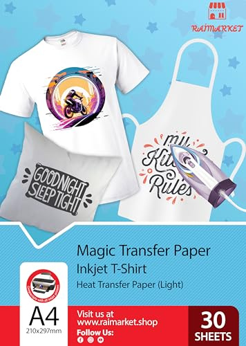 Transferpapier/Bügelpapier/Transferfolie für HELLE Textilien/Stoffe von Raimarket | 30 Blatt | A4 Inkjet Bügeleisen auf Papier/Transferfolie/T-Shirt-Transfers | Textilefolien | DIY