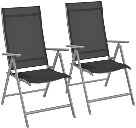 SONGMICS Gartenstuhl 2er Set, Klappstuhl, Outdoor-Stuhl, mit Metallgestell, 8-Fach verstellbare Rückenlehne, bis 150 kg belastbar, schwarz GCB29BK