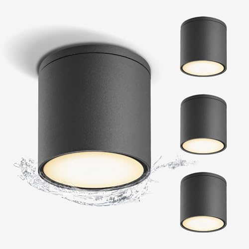EBION 4er IP65 Wasserdicht Aufbauspot, Deckenspot Aluminium+Glas Aufbaustrahler GU10, 35W, Für Wohnzimmer Flur Küchen, Badezimmer Feuchtraum, Deckenspots Anthrazit(Ohne Leuchtmittel)