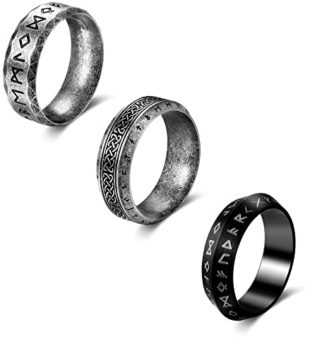 Dochais Wikinger Ringe Herren - 3 Stück Edelstahl, Nordische Mythologie, Keltischer Knoten, Viking Runen, Vintage, Bandring für Männer Frauen Größe 10