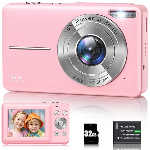 Digitalkamera 1080P 44MP Fotokamera 16X Digitalzoom Kamera, Vlogging Fotoapparat Kompaktkamera mit 2,4 LCD Bildschirm, 32G Micro Speicherkarte, 1 Akku für Kinder Teenager Studenten Anfänger-Rosa