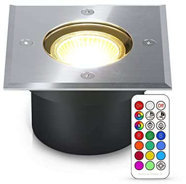 lambado® Flacher LED Bodenstrahler für Aussen mit RGB Farbwechsel dimmbar inkl. Fernbedienung - Eckige Bodenleuchte/Bodeneinbaustrahler IP67 aus Edelstahl - Befahrbar & Wasserdicht