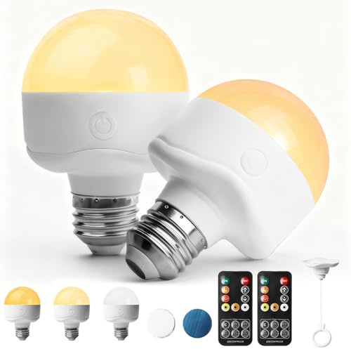 Behogan 2 Stück Aufladbare Glühbirne Mit Fernbedienung, E26 3 Farben Dimmbare Wiederaufladbare Glühbirne,LED Akku Glühbirn e mit Magnetsockel, Haken und Fernbedienung, Timing-funktion, 3000-6000K