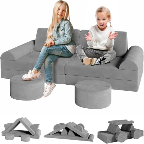 Clevich 15-Teilige Modulare Kinderspielcouch, Kindersofa aus Schaumstoff Bausteine, Spielsofa zum Lernen & Spielen, Kuschelecke im Kinderzimmer, Softbausteine für Kinderzimmer oder Spielzimmer (Grau)