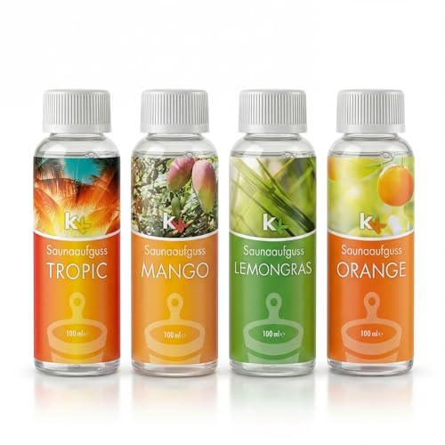 Saunaaufguss-Set 4er Karibik | Premium Saunaduft-Set mit exotisch-fruchtigem Karibik-Aroma | Hochwertige Sauna Aufgussmittel 4×100 ml | Made in Germany | Intensives Aroma & Geschenkidee