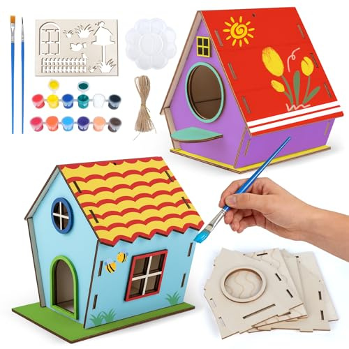 HOLDLEAF Vogelhaus Bausatz für Kinder,2 Stück DIY Holz Bastelset,für Kinder zu Bauen und Malen,Vogelhaus Bastelset für Mädchen Jungen Kleinkinder