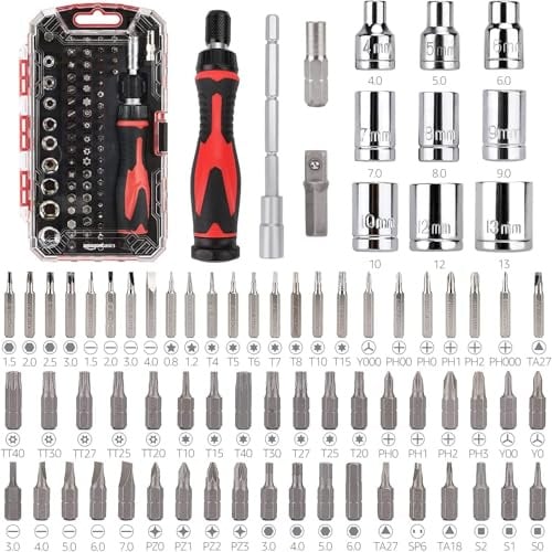 Amazon Basics Ratschenschlüssel magnetisch und PräzisionsSchraubendreher für Elektronik, 73 stück, 1er-Pack, Schwarz/Silber/Rot