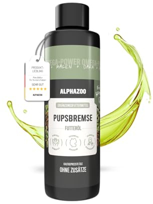 alphazoo Pupsbremse Futteröl für Hunde - 250ml Omega-3 & Omega-6 Öl | Pflanzliches Futteröl für sensible Hundebäuche – mit Leinöl, Hanföl & Kürbiskernöl sowie Omega-3, Omega-6 und Omega-9