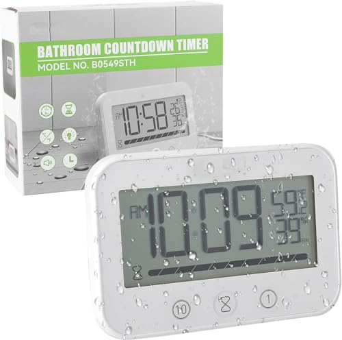 Focenat Wasserdichte Duschuhr, Badezimmer Uhr Digital mit Saugnapf, Temperatur- und Feuchtigkeitsanzeige, Digitaler Küchen Countdown Timer, Batteriebetriebene