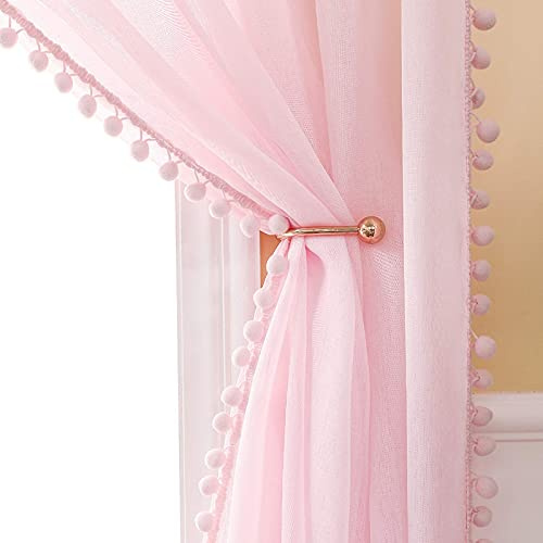 MIULEE Voile Gardine Pompons Ösen transparent 2er Set B140 H245 Rosa | Luftige transparente Voile-Gardine mit Pompons, kinderfreundliches Design, dekorativ für, Schlafzimmer und Wohnzimmer