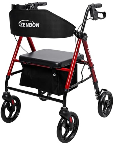 Rollator Faltbar und Leicht Aluminium: Rollatoren für Senioren Rollator Klappbar mit Sitz für die Wohnung mit 20cm Reifen 6-fach Höhenverstellung (Rot)