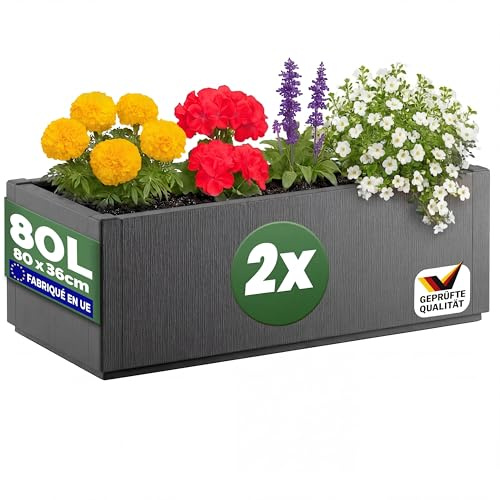 Casaria® 2X Blumenkasten 'Ethica' 80L 80x36x35cm Ablaufboden Kunststoff Winterfest Garten Pflanzkübel Übertopf Pflanzkasten Blumenkübel Anthrazit