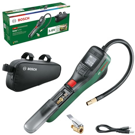 Bosch elektrische Fahrradpumpe/Luftpumpe/Mini Kompressor EasyPump (3,0 Ah Akku; 3,6 Volt; Autostop-Funktion; 150 PSI; 10,3 bar; LED; USB-C®; 3X Adapter; Schnellanschlussstecker; Fahrradtasche)