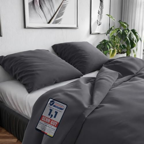 Wolkenfeld Neue Qualität Bettwäsche 155x220 Baumwolle Grau - Atmungsaktiv - ÖKO-TEX Zertifiziert - 1x Bettbezug 155x220 + 1x Kissenbezug 80x80 - Anthrazit