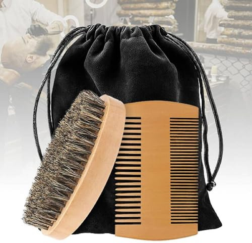 Bartkamm & Bartbürste Set,Bartbürste mit Wildschweinborsten,Bartkamm für Männer,Beard Brush for Men,Bartpflegewerkzeug für Männer Reise Tägliche Bartpflege